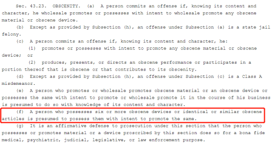 Odjeljak 43.23 kaznenog zakona Teksasa: https://statutes.capitol.texas.gov/Docs/PE/htm/PE.43.htm